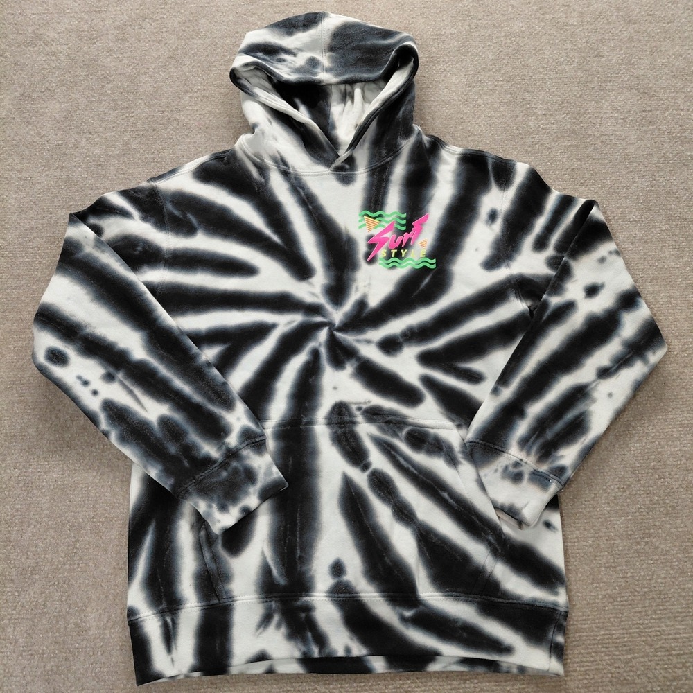 Surf Style Neon Retro 90s Hoodie Kids MEDIUM 10/12 Black Tie Dye Sweatshirt Hood